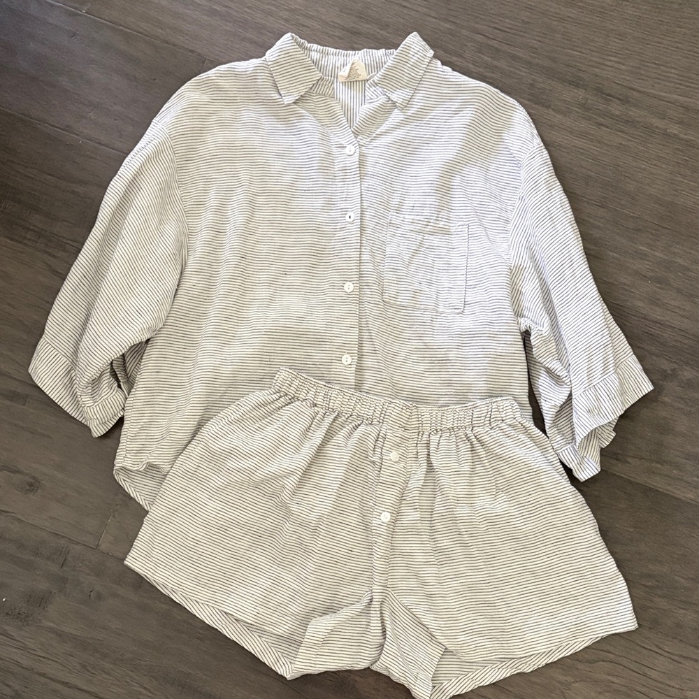 Striped Cotton Lounge Set - White/Blue
